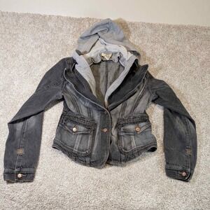 Lala Denim Jacket with Gray Hoodie Layered Distressed Women Size L Zipper broke